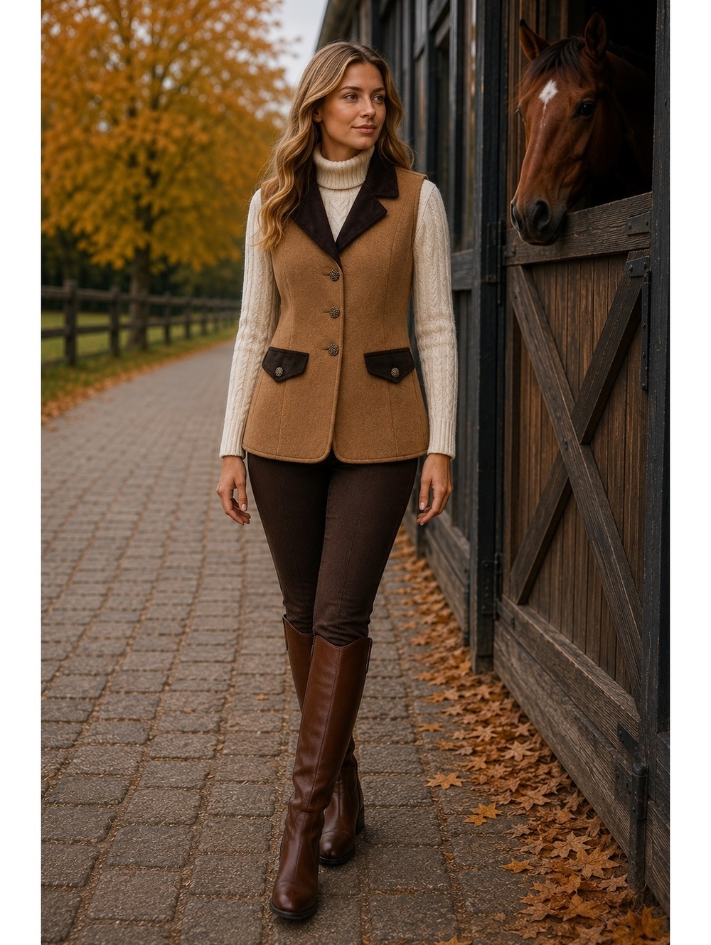Handmade Wool Equestrian Style Vest Camel Brown Tailored Boutique Size L